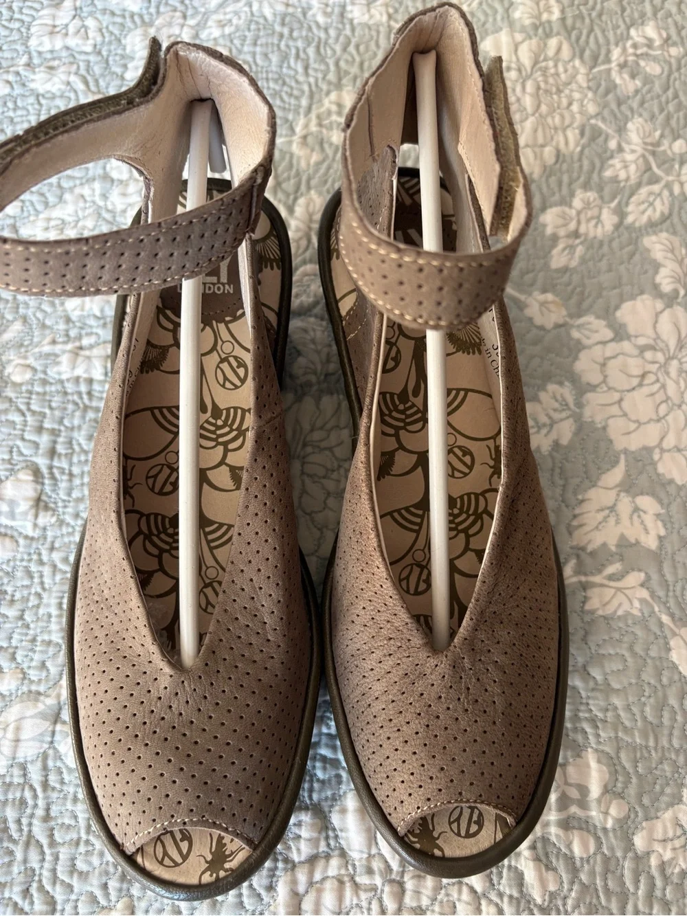 Fly London Yala Perf Platform Wedge Peep-Toe Ankle Strap Sandal - Taupe 39(8.5)